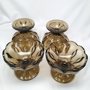 Anchor Hocking Fairfield Smoky Brown Glass Dessert Bowls Pedestal Set of 4 1970s